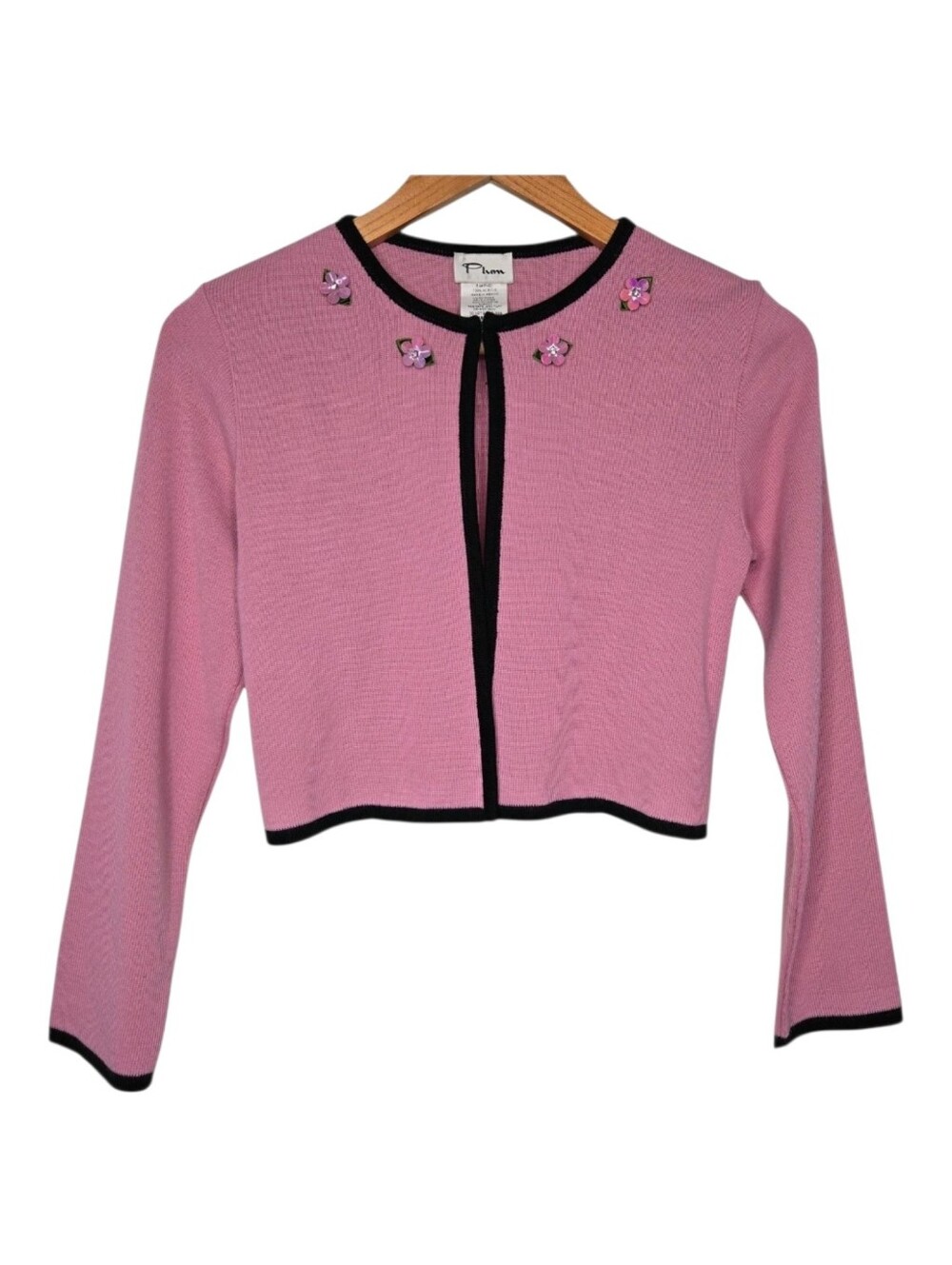 Plum Vintage Youth Girls Tight Knit Flower Applique Crop Cardigan Large 14/16